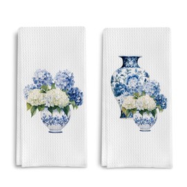 Qpenm Blue and White Porcelain Chinoiserie Kitchen Towels Set of 2, Hydrangea Floral Dish Towels Tea Towels for Kitchen, Chinoiserie Decor Hand Towels for Bathroom, Grand Millenial Decor 16x24 Inch