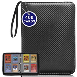 Trading Card Binder 4 Pocket, Zipper Card Binder Pockets 400, PU Leather Trading Card Album, Waterproof Collectors Card Album, Portable Collectors Card Album for Board, Sport and Game Cards, Black