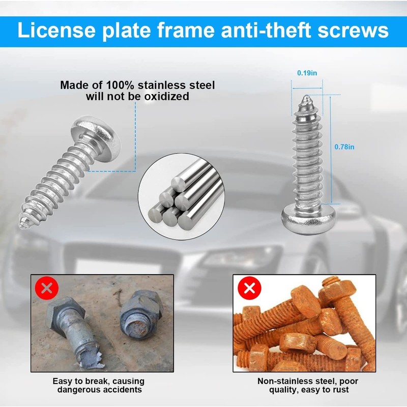 Anti Theft License Plate Screws Kits, Rustproof Stainless Steel Mounting