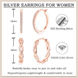 Estrellique Hoop Earrings 925 Silver for Women, 925 Sterling Silver Hoop Earrings with Cubic Zirconia, Hypoallergenic, Small Sleeping Cartilage Huggie Earrings, 2 Pairs Hoop Earrings Set with Gift Box