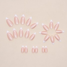 Press on Nails Almond Medium, Nude Artificial Acrylic French Fake Nails, Full Cover Reusable Coffin Shaped Glossy False Nails, Glue on Nails for Women Set, Stick on Nails for Nail Supplices 24Pcs
