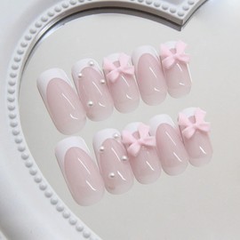 Square French Fake Nails - Long Coffin Pink Press On Nails With 3D Bow Pearls - Removable Glossy Ballet False Nails With Glue - Full Cover Stick On Nails For Women Girls Nail Art Valentines Days