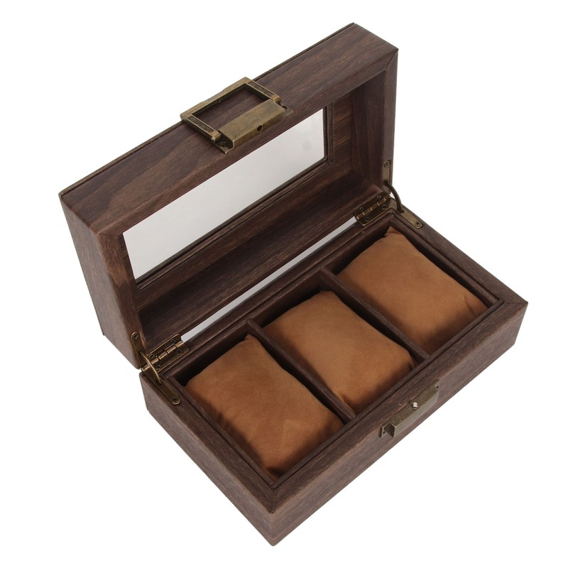 3 Slot Watch Display Case Wood Detachable Pillow Glass Cover