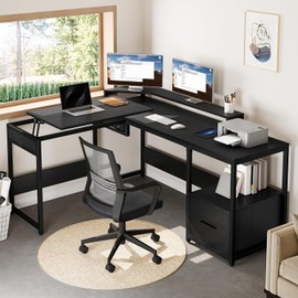 DWVO L Shaped Desk with Lift Top, 65" Adjustable Standing Desk with File Drawer, Corner Computer Desk with Storage Shelves,Home Office Desk, Light Grey
