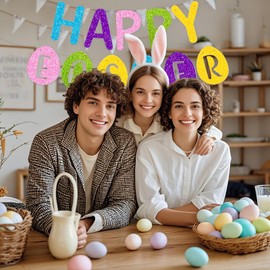 WRBAJIS Happy Easter Banner Decorations Glitter Easter Eggs Banners Colorful Hanging Banners for Home Outdoor Spring Party Decor Supplies