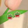 Red Cherry Pearl Stud Earrings - Small, Green Leaf Design