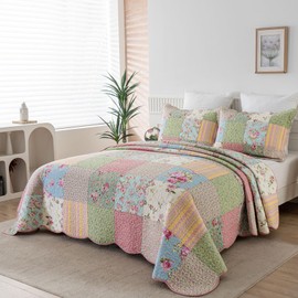 YAYIDAY Quilt King Size Patchwork Bedspread Set - 100% Cotton Reversible Breathable Floral Quilted Quilt with Pillow Shams Fit All Season