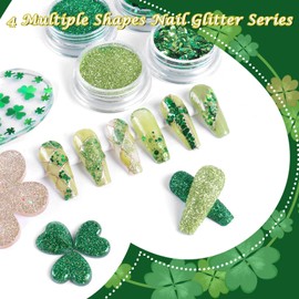 Allstarry Nail Glitter 4 Colors Shamrock Green Holographic Glitter Iridescent Chunky Nail Flakes Hexagon Face Sequins Sparkly Fine Powder for Spring St. Patrick's Day Manicure DIY Gel Polish Crafts