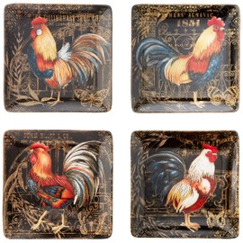 Certified International Gilded Rooster10.5" Square Dinner Plates, Set of 4 Assorted Designs