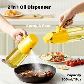 Besosay Oil Sprayer for Cooking, 2 in 1 Olive Oil Dispenser Bottle for Kitchen, 500ml/17oz Glass Oil Bottle, Oil Mister Spray Bottle for Air Fryer, Salad, Frying, BBQ (Yellow)