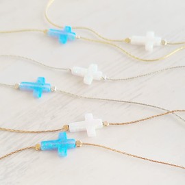 Tooliks Blue Opal Cross Thin Sterling Silver Bracelet - Handmade Bracele for Women 6.5 inch + 1 inch Extender (Blue, Silver)