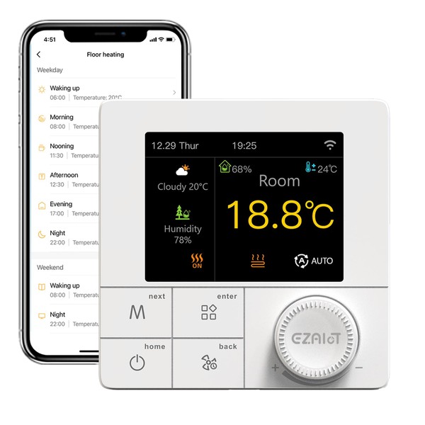 EZAIoT IPS Wired Smart Thermostat - Wall Mount Wifi Controller - Floor Heating Gas Boilers linkage- Weather - Humidity - Programmable - 7 Languages - Alexa and Google Assistant Voice Controls