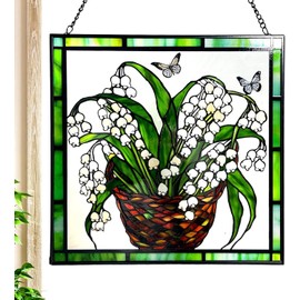 Lily of The Valley and Butterflies Stained Glass Panel Suncatcher Window Hanging – 7.8 Inch Square Decorative Art for Home, Office, and Garden – Handcrafted Real Glass with Metal Frame