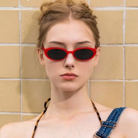 QYVEWY Retro Oval Sunglasses for Women Men Small 90s Trendy Sun Glasses UV400 Protection, White/Red
