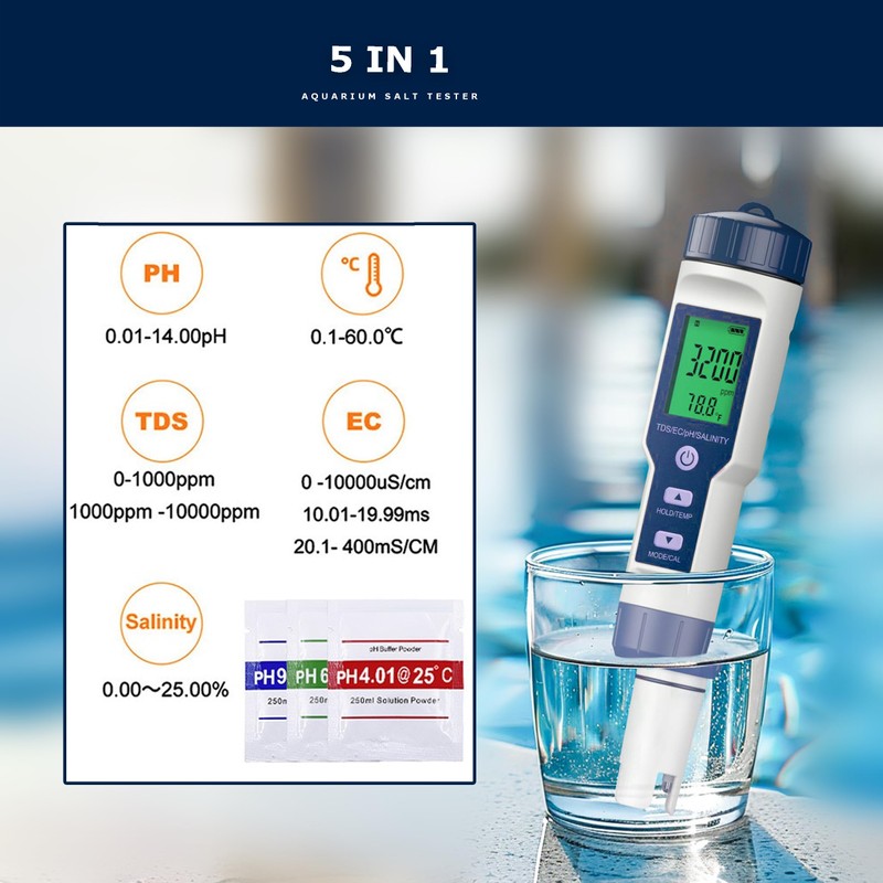 5-in-1 Digital Salt Tester for Aquarium and Pool TDS, pH,