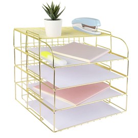 Spacrea Letter Tray, 4 Tier Desk Organizers and Accessories, Stackable Paper Tray Organizer Desk File Organizer with 1 Upper Display Shelf for School Home Office Supplies (Gold)