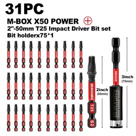 Geinxurn 30 Pieces 2 In. T25 Impact Tough Magnetic Screwdriver Bit Set, #25 Torx Head Power Bits, S2 Alloy Steel Star Bits with 1 Pc Impact Bit Holder and Storage M-Box