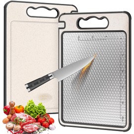 Stainless Steel Cutting Board, Double Sided Cutting Board for Kitchen, 304 Stainless Steel and Wheat Straw PP, Juice Grooves, Non Slip, Reversible Chopping Board Cutting Board Easy to Clean