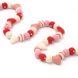 Glaciart One Valentine Felt Ball Garland with Swirl Balls - Handmade in Nepal Using New Zealand Wool - Reusable, Durable, Stylish & Versatile - Easy to Hang & Maintain - Red, White & Pink Set - 9ft