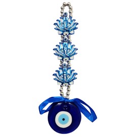 Purpledip Ceramic Evil Eye Wall Car Hanging With Lotus Ganesha: Vastu Feng Shui Good Luck Decorative Charm (11015)