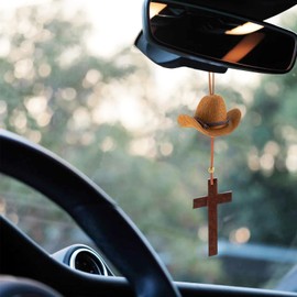 Rislobx Cowboy Hat Car Charm, Cowboy Hat for Car Mirror Hanging with Cross, Country Car Hanging Pendant, Cute Rear View Mirror Hanger Decor for Women, Universal Auto Interior Accessories (Brown)