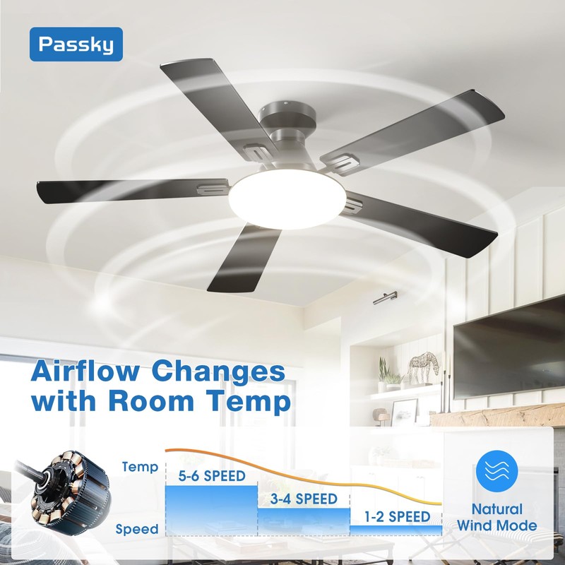 Passky Ceiling Fans with Lights, 52 inch Flush Mount Ceiling