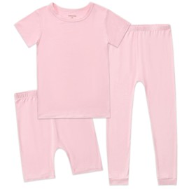 Aablexema Kids Pajamas Set Rayon, 3Pcs Unisex Toddler Short Shirt and Pants Set Snug Fit Sleepwear Pjs(Pink,90/12-24m)