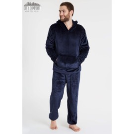 CityComfort Mens Pyjamas Set, Warm Fleece Pyjamas for Men with Fluffy Hoodie (Navy, XL)