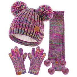 Kids Winter Hat Gloves Scarf Set, Girls Toddler Children Beanie with Pom Knit Neck Warmer Gaiter Mittens Fleece Lined Set（Rainbow Mix）