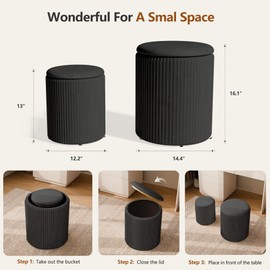 infurnic Ottoman with Storage Set of 2, Velvet Round Storage Ottoman, Upholstered Sponge Vanity Stool Support 300lbs, Multifunctional Coffee Table Foot Rest Ottomans for Living Room Bedroom, Black