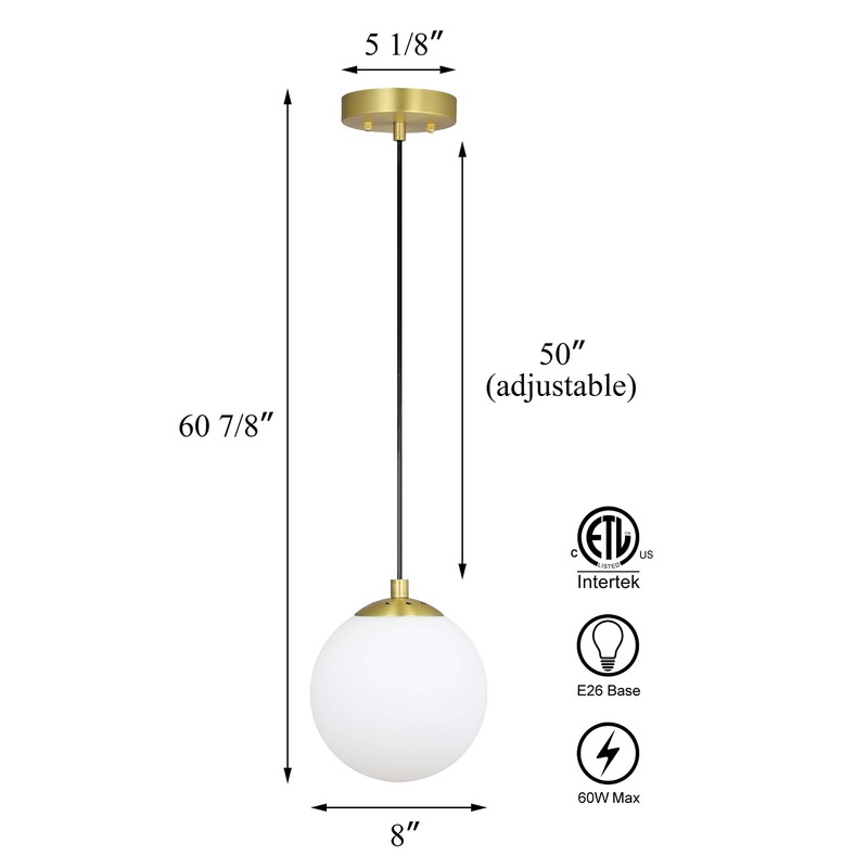 XiNBEi Lighting 8" Globe Pendant Light, Mid Century Brass Pendant