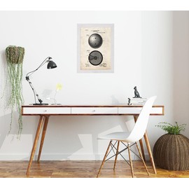Bowling Ball Patent Art Old Look Print in a Distressed White Wood Frame (11" x 14") M12395