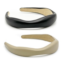 Guiguishiny 3 cm Leather Hard Headband Wide PU Padded Headband Retro Style Hair Band Fashion Comfortable Headbands for Women and Girls (Black + Khaki, One Size)