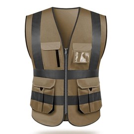 High visibility reflective safety vest multi pockets Hi-vis vest workwear safety waistcoat with reflective strips, Brown, 4X-Large