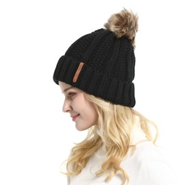 GanJingRen Women's Faux Fur Pompoms Lined Thick Knitted Warm Winter Slouchy Beanie Hat (Black)