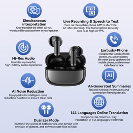 Comeonfull AI Language Translation Earbuds, Translation Earbuds Real Time with 144 Languages & Accents Online, 3-in-1 Translator Earbud for Travel Business Meetings Learning Bluetooth 5.4 (Black-Y10)