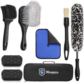 Wuqazu 8PCS All-in-One Wheel & Tire Cleaning Kit - 360° Flexible Synthetic Wool Rim Brush, 2 Dual-Hardness Brushes, Dressing Pads & Storage Bag | Scratch-Free for All Vehicles