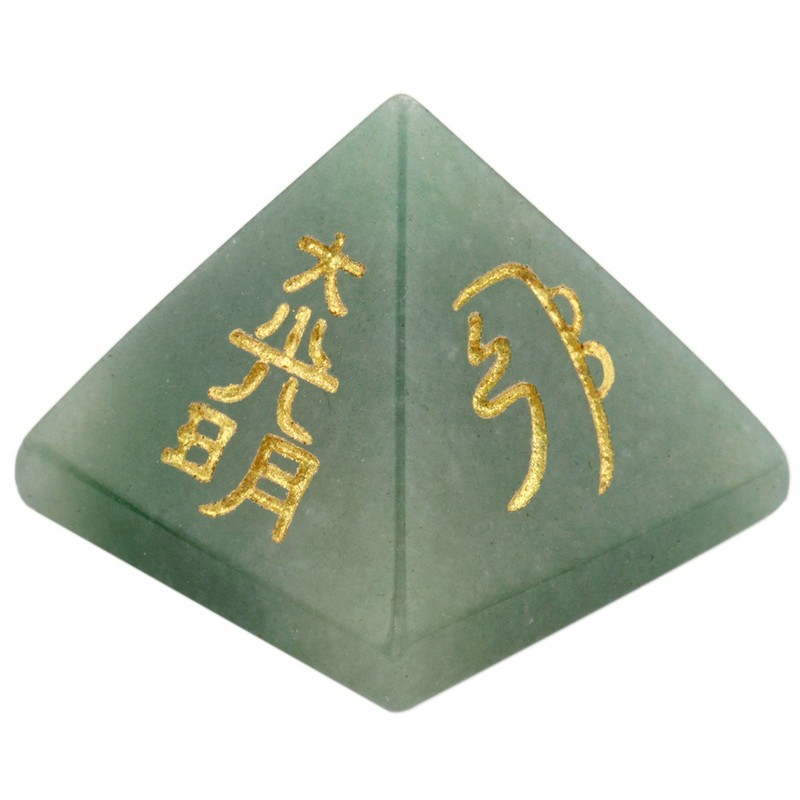 Shanxing Green Aventurine Crystal Pyramid,Healing Stone Engraved Reiki Symbols Decoration