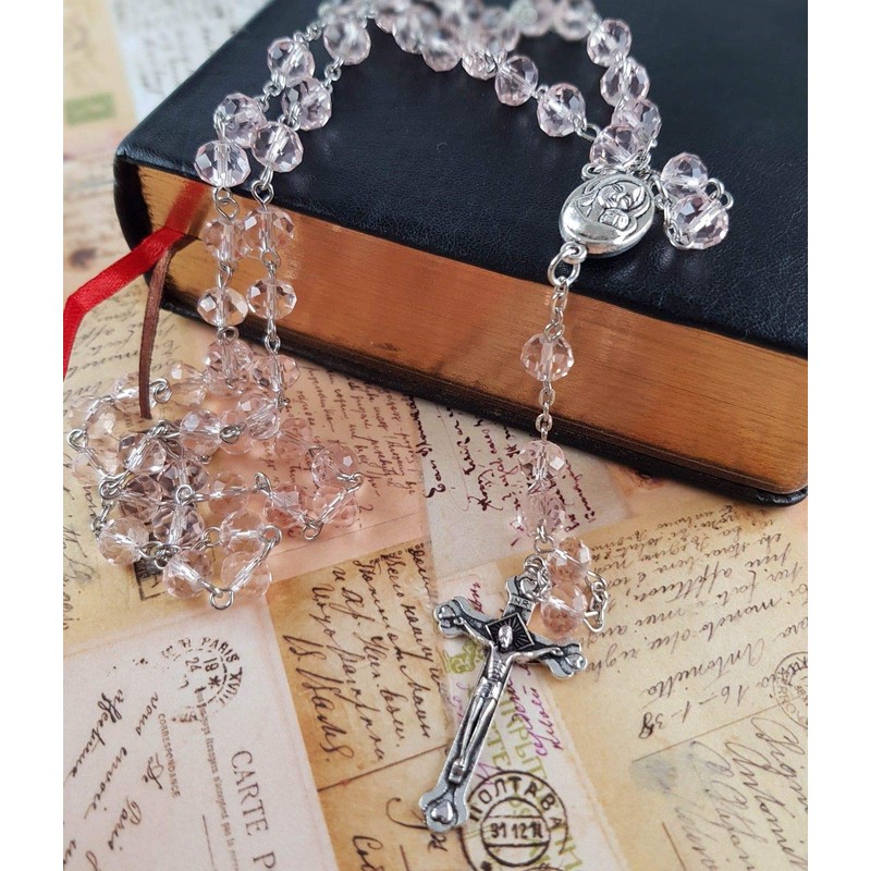 Light Pink Crystal Beads Rosary Catholic Necklace Holy Soil Medal