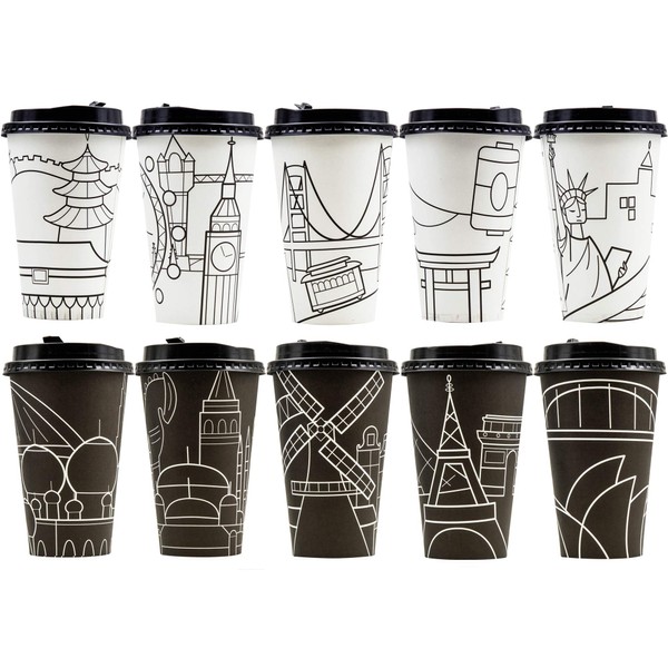 Youngever 70 Sets Disposable Coffee Cups with Lids, To Go Hot Coffee Cups, Durable Paper Cups with Lids, City Skyline Design