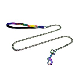 ChampWei Rainbow Metal Dog Leash for Small Medium Large Dogs, Chain Link Anti Chew 3.5-4FT Strong Anti Bite Dog Leash Comfortable and Breathable mesh Cushion Handle (S)