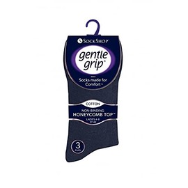 3 Pairs Navy Ladies Gentle Grip Easy Fit Loose Top Honey Comb Non elastic Cotton Socks Size 4-8 UK, 37-42 EUR (Navy)
