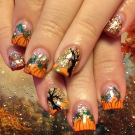 Fall Press on Nails Short Square Fake Nails Orange Pumpkin Designs Thanksgiving False Nails Glossy Glue on Nails Gold Glitter Fall Nails Full Cover Acrylic Nail Kit for Women 24 Pcs