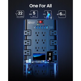 Power Strip, SUPERDANNY Surge Protector with 22 AC Outlets and 6 USB Charging Ports, 1875W/15A, 2100 Joules, 6.5Ft Flat Plug Heavy Duty Extension Cord for Home, Office, Dorm, Gaming Room, Black