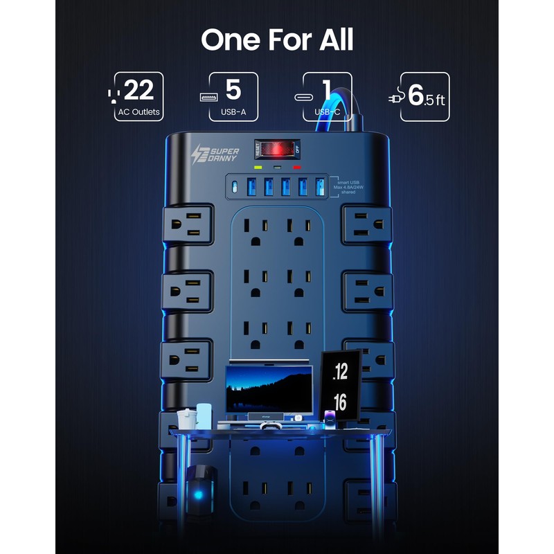 Power Strip, SUPERDANNY Surge Protector with 22 AC Outlets and