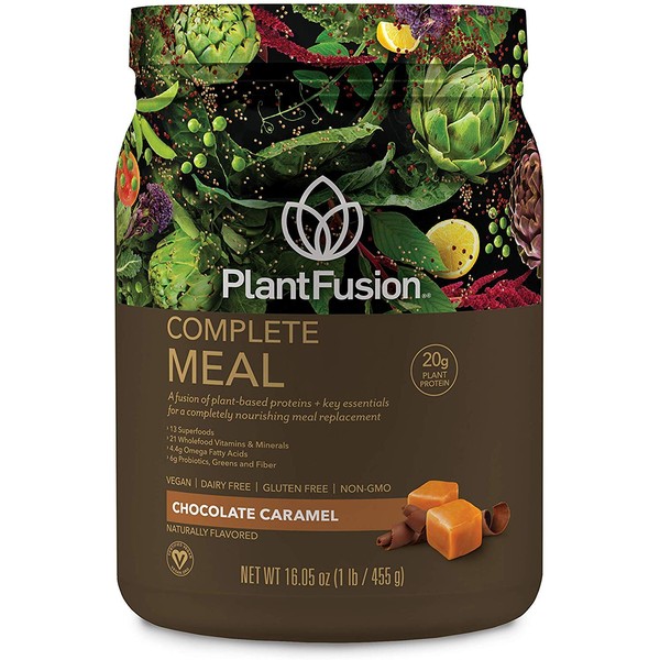 PlantFusion Complete Meal Replacement Shake - Plant Based Protein Powder with Superfoods, Greens & Probiotics - Vegan, Gluten Free, Soy Free, Non-Dairy, No Sugar, Non-GMO - Chocolate Caramel 1 lb