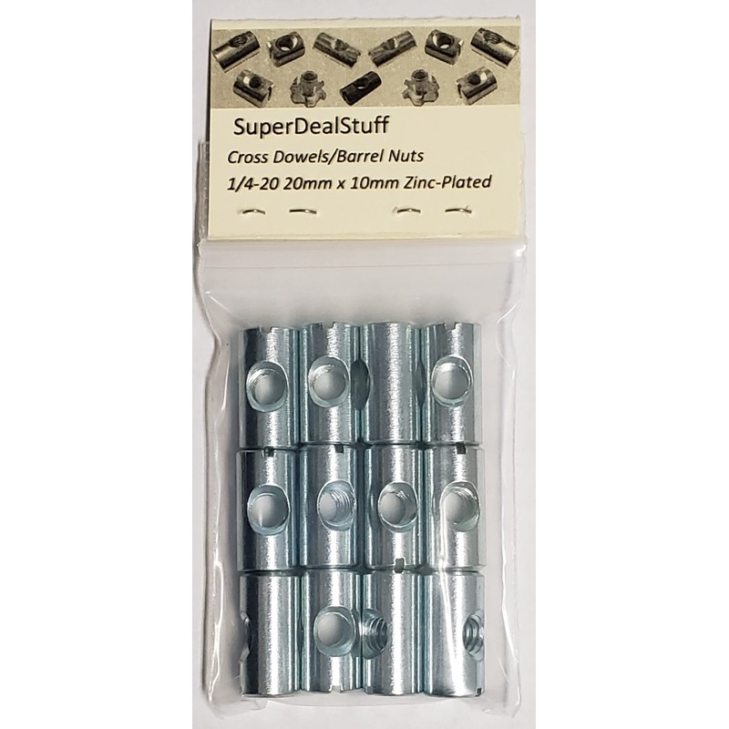 (12) Cross Dowels/Barrel Nuts - 1/4-20 20mm X 10mm Zinc-Plated