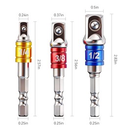 3PCS Hex Shank to Square Heavy Duty Socket Adapter Set, Impact Grade Drill Socket Adapter (1/4", 3/8", 1/2"), Anti-Slip Detent Ball, drill Attachments for Power Drill & Impact Driver
