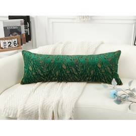 PANOD Decorative Modern Extra Long Pillow Cover 14 x 36, Boho Long Pillow for Bed,Soft Velvet Twigs Textured Coastal Neutral Long Lumbar Pillow Cover for Sofa Couch Farmhouse Livingroom, Green