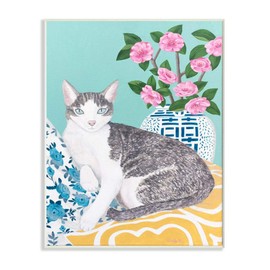 Stupell Industries Cat with Cushion and Vase Pastel Animal Painting, Design by Sally B Art, 13x19, Wall Plaque